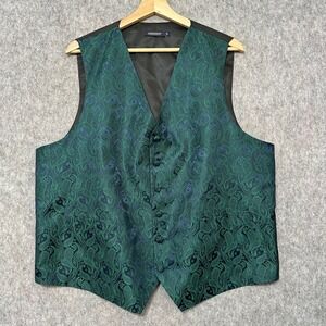 HISDERN Mens Vest XL Green Paisley Jacquard Formal Wedding Party Waistcoat